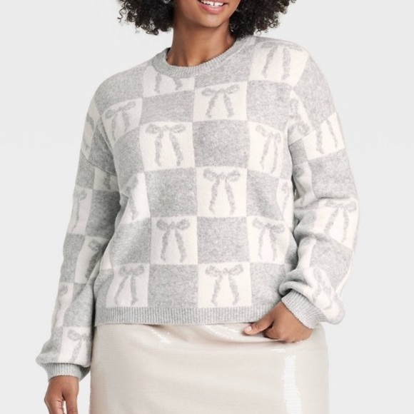 Target Holiday Crewneck Sweater A New Day Gray Cream Bow Size 1X New With Tags - Picture 1 of 9